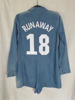 English Factory Light Blue Long Sleeve Utility Romper with RUNAWAY‎ 18 Graphic